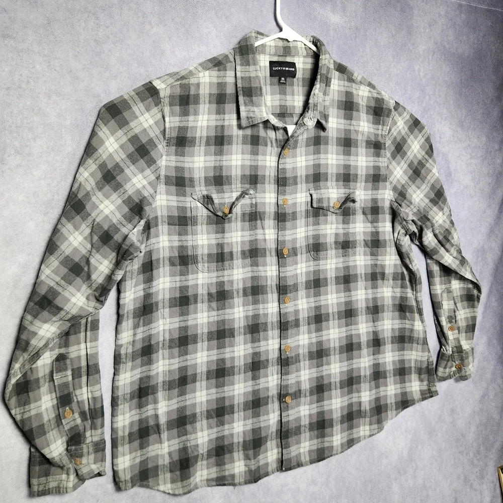 Lucky Brand Mens XXL Gray Plaid Flannel Button Down Shirt Cotton Long Sleeve